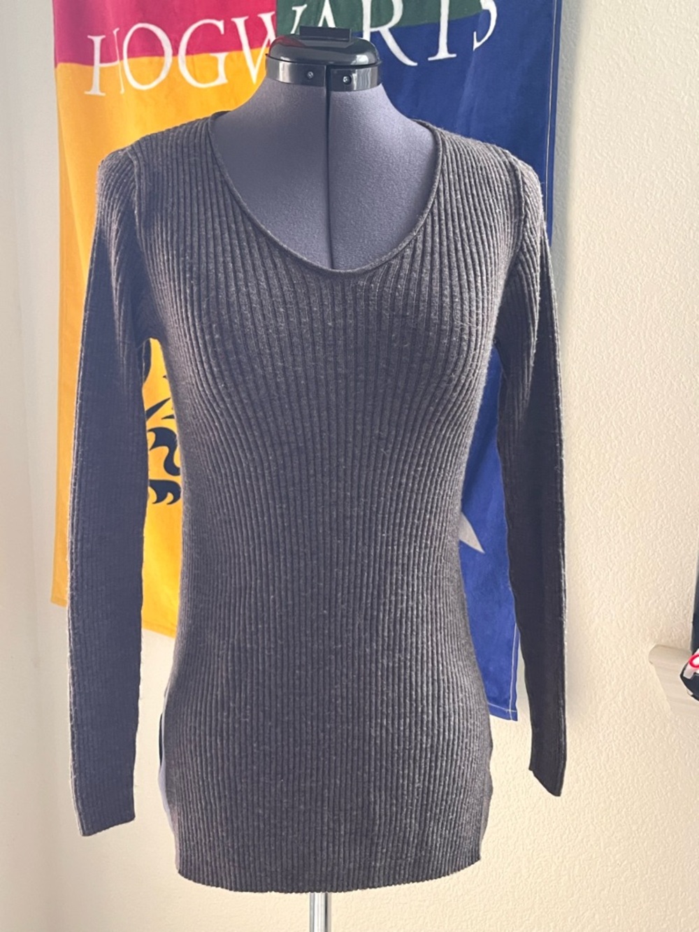 Adrienne Vittadini Charcoal Ribbed Scoop-Neck Sweater